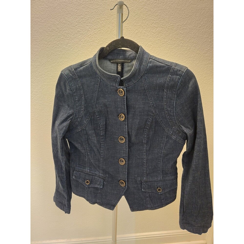 White House Black Market Denim Jacket Dark Wash Mandarin Collar Women Size 8P
